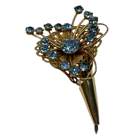 Vintage Blue Rhinestone Prong Set Brooch Flower Basket Gold Tone Costume Pin - Picture 9 of 9